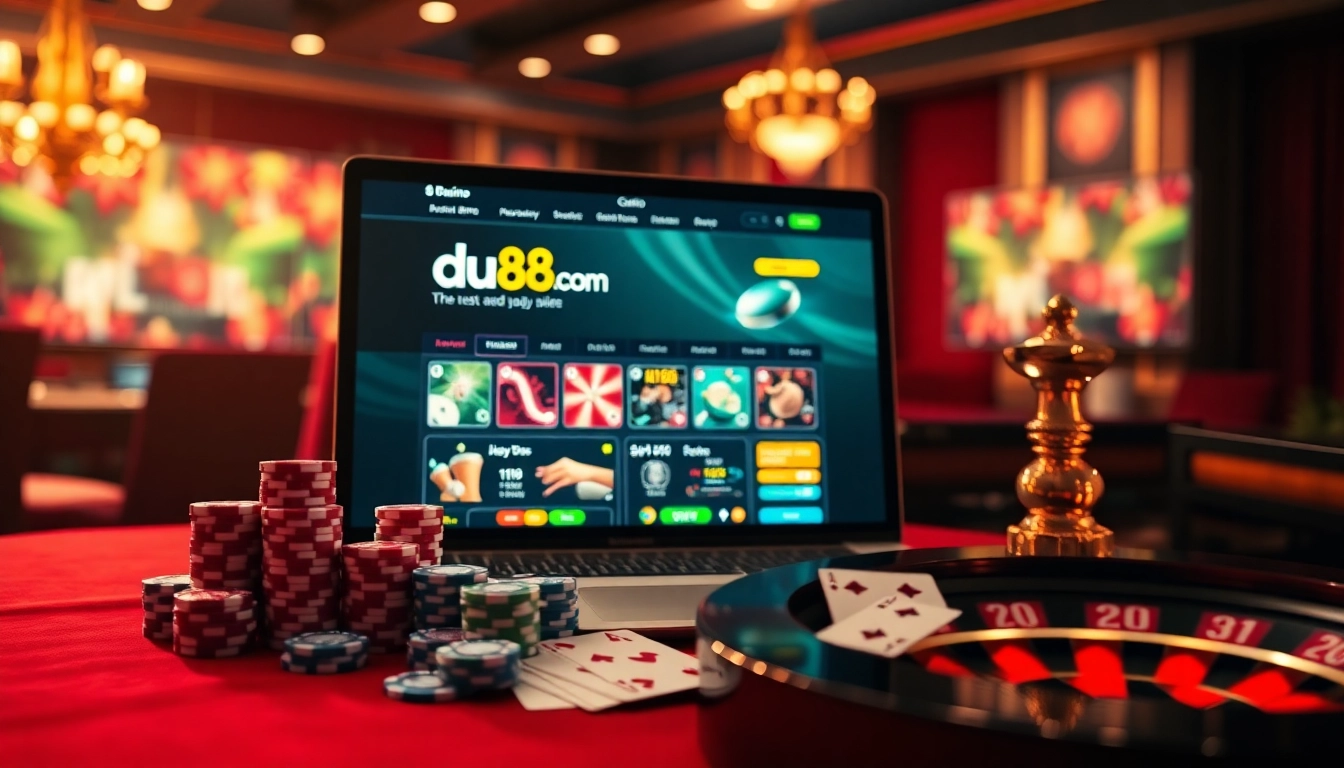 Experience the thrilling world of gambling at du88.com with casino tables, cards, and chips.