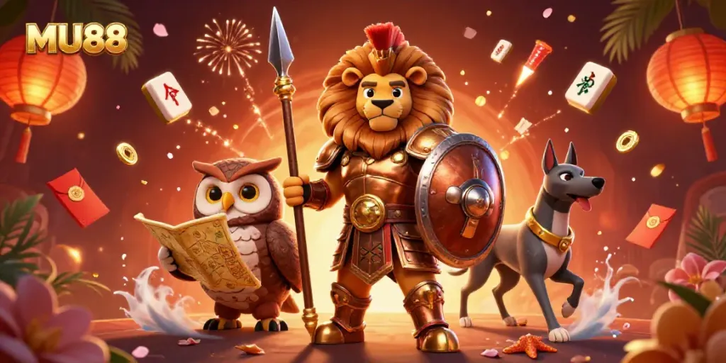 Win big at MU88 with this captivating 3D casino scene featuring majestic characters and vibrant gaming elements.