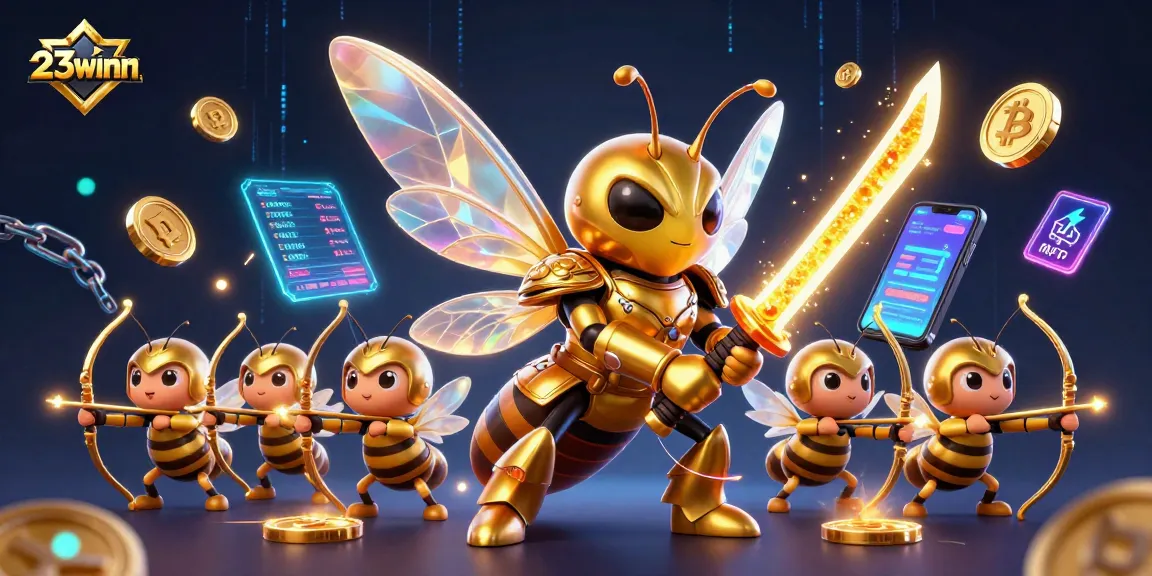 Experience the thrill of 23winn with a 3D digital casino fantasy scene showcasing vibrant crypto elements and a magical hornet