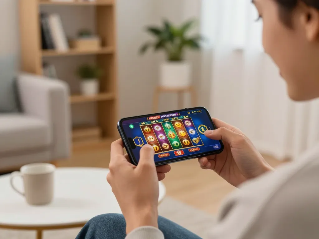 Engaging in mobile gaming with đăng ký FLY88 on a smartphone in a cozy home environment