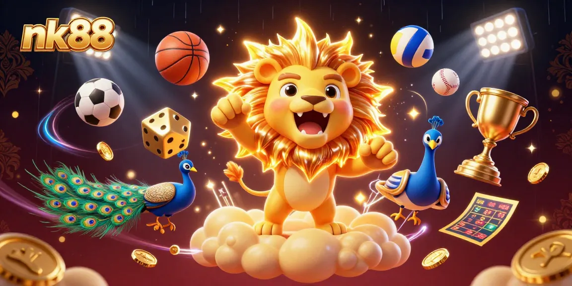 Win big with nk88, showcasing thrilling sports and casino action elements with vibrant graphics.