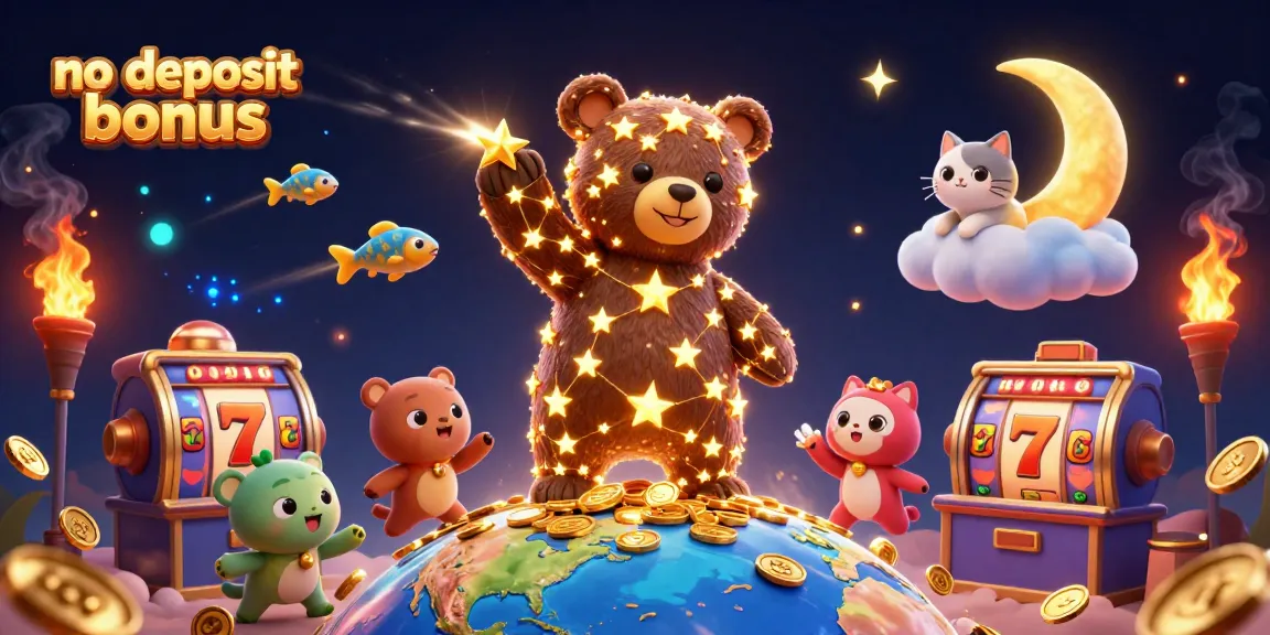 Experience the thrill of the no deposit bonus with a magical scene of animated casino elements.