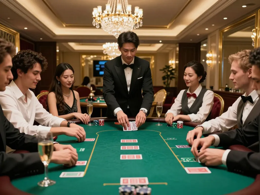 Players enjoying high-stakes poker at mm88star's luxurious casino.