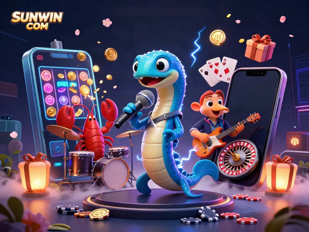 Engage with exciting games at SUNWIN COM, featuring vibrant characters and dynamic casino elements in an underwater stage.