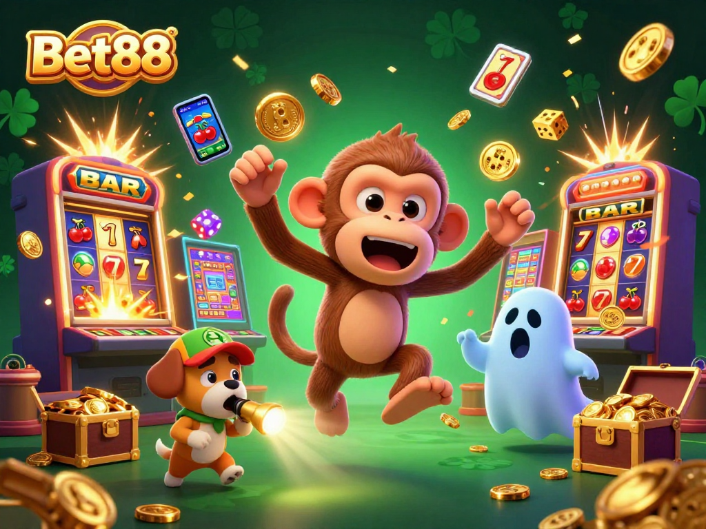 Engage with Bet88's thrilling casino scene featuring a mischievous monkey and a curious puppy hunting for gold.
