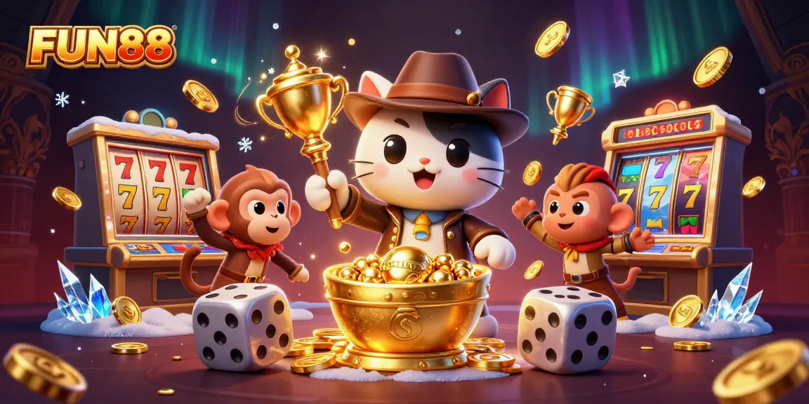 Experience the thrill of FUN88 with a playful cat exploring golden jackpots in a vibrant casino.