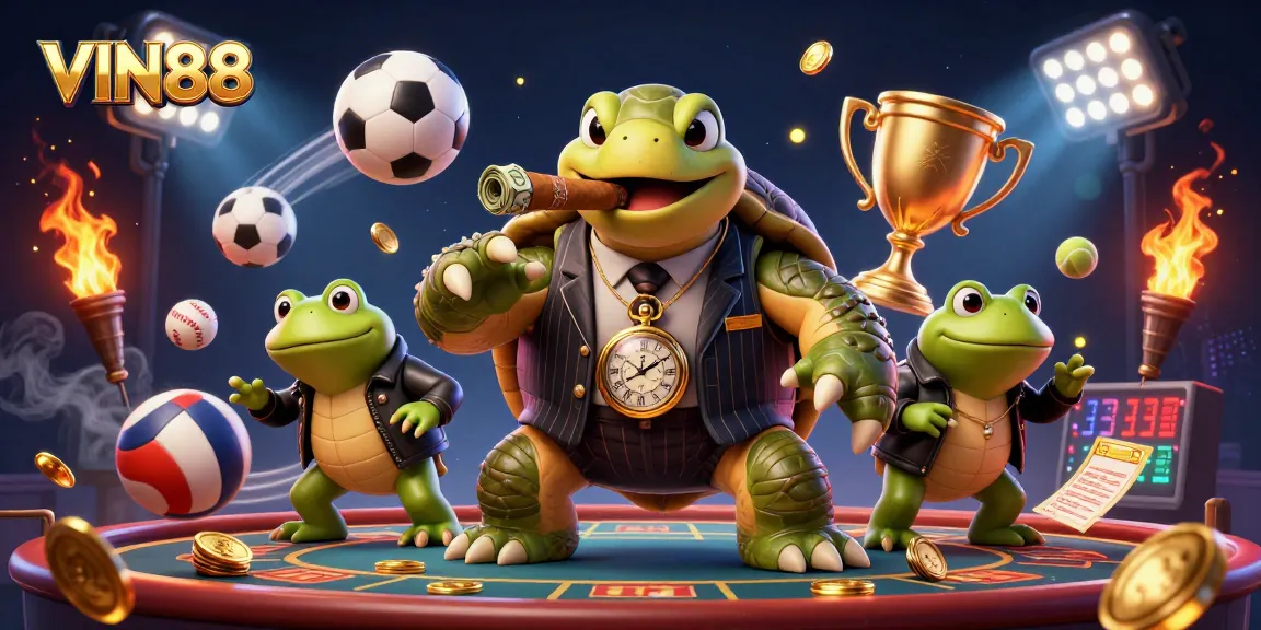 Engage with VIN88 gaming experience featuring a snapping turtle in a suit, with dynamic sports elements.