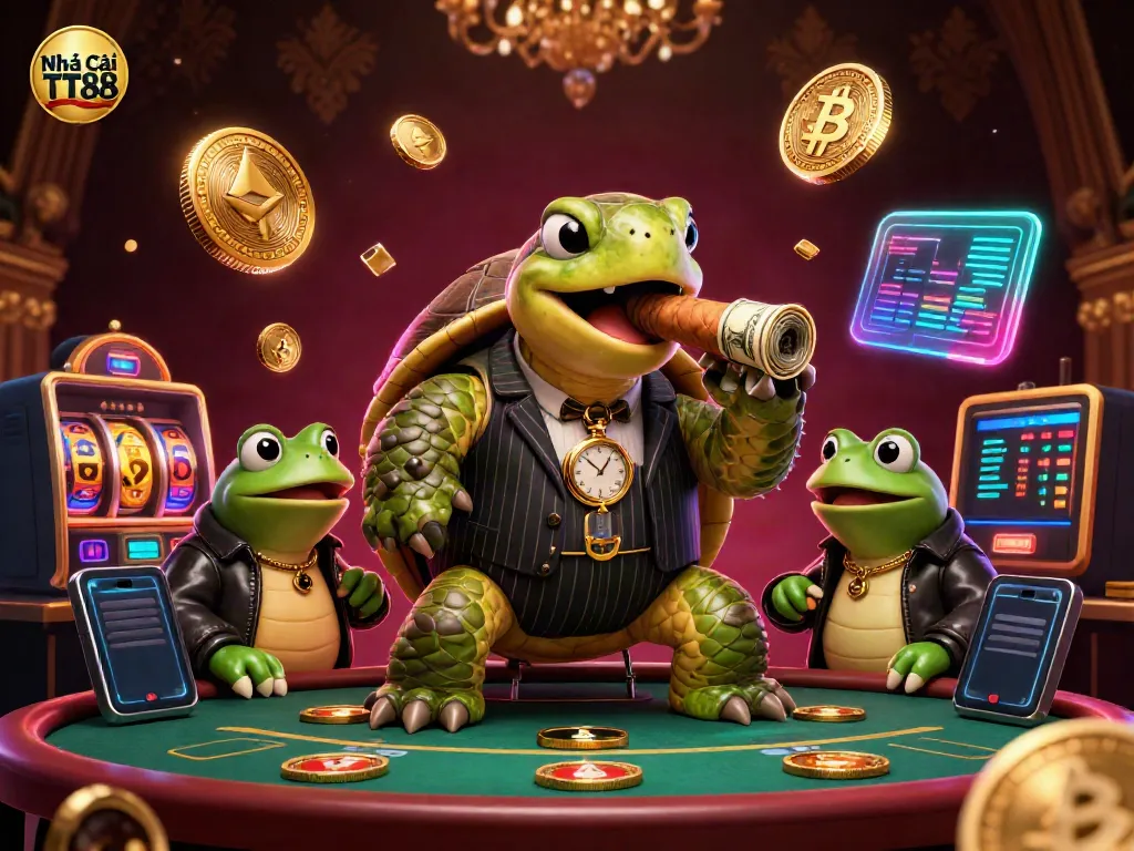 Engage with Nhà cái TT88 through a vivid 3D illustration highlighting a turtle mobster and bullfrog enforcers in a dynamic casino setting.