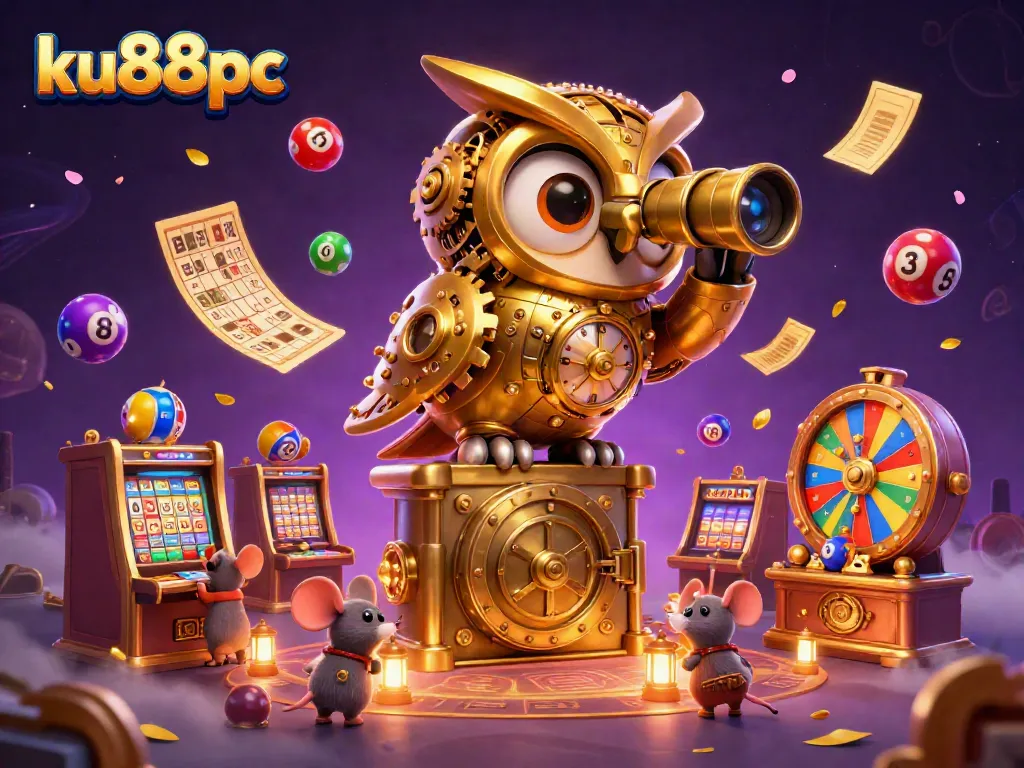 Experience the thrill of gambling at ku88pc with a whimsical 3D casino scene featuring dynamic characters and vibrant game elements.