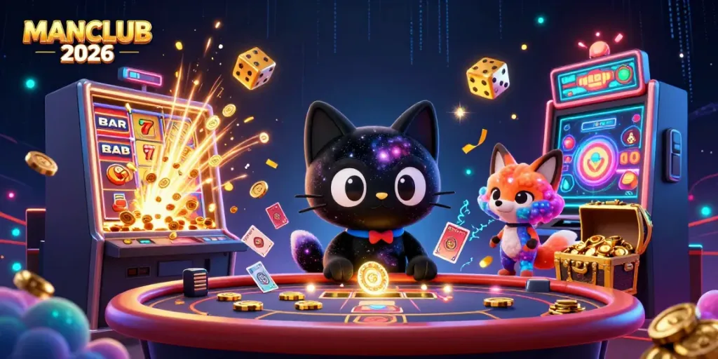 Engaging scene of a black hole cat and nebula fox at a cosmic casino, capturing MANCLUB 2026's vibrant energy.