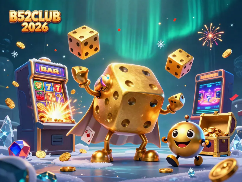 Engage with the B52CLUB 2026 slot action, featuring dynamic dice, jackpot coins, and colorful casino elements.