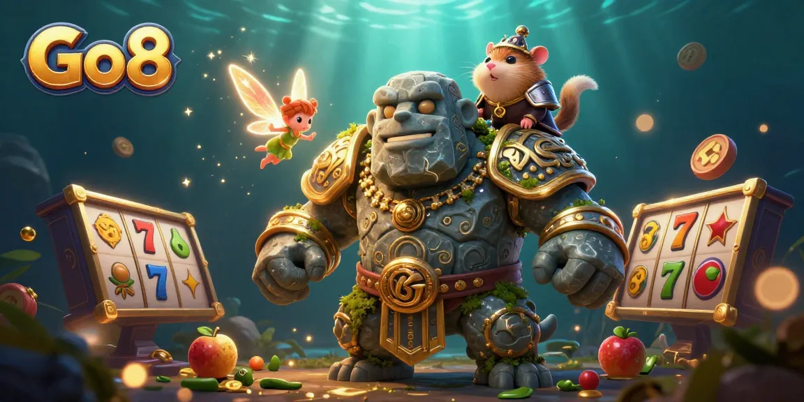 Experience the thrill of Go8's slot games with dynamic characters amidst a magical 3D casino scene.