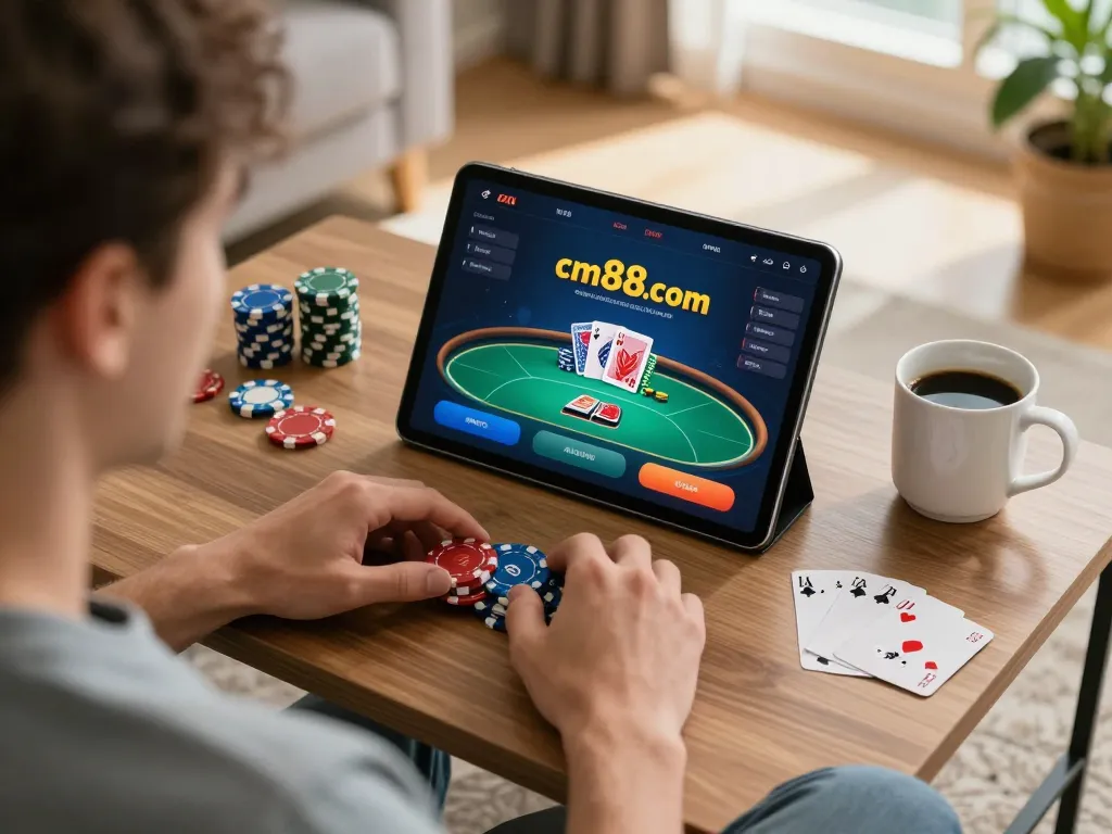 Engage in online poker gameplay at cm88.com in a cozy home setting, focused on strategy.