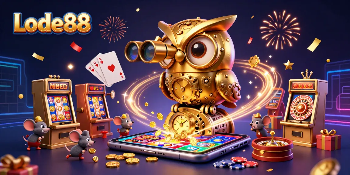 Lode88 engages players with a vibrant 3D casino scene featuring a golden owl and lively elements.