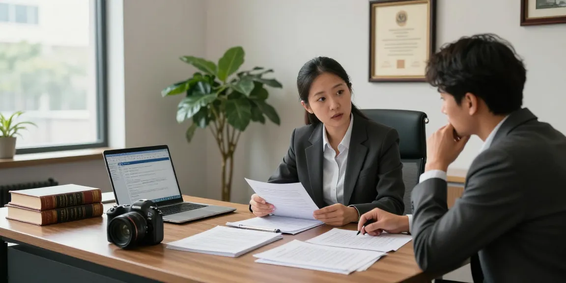 Law office consultation with a lawyer discussing critical case details next to legal documents.