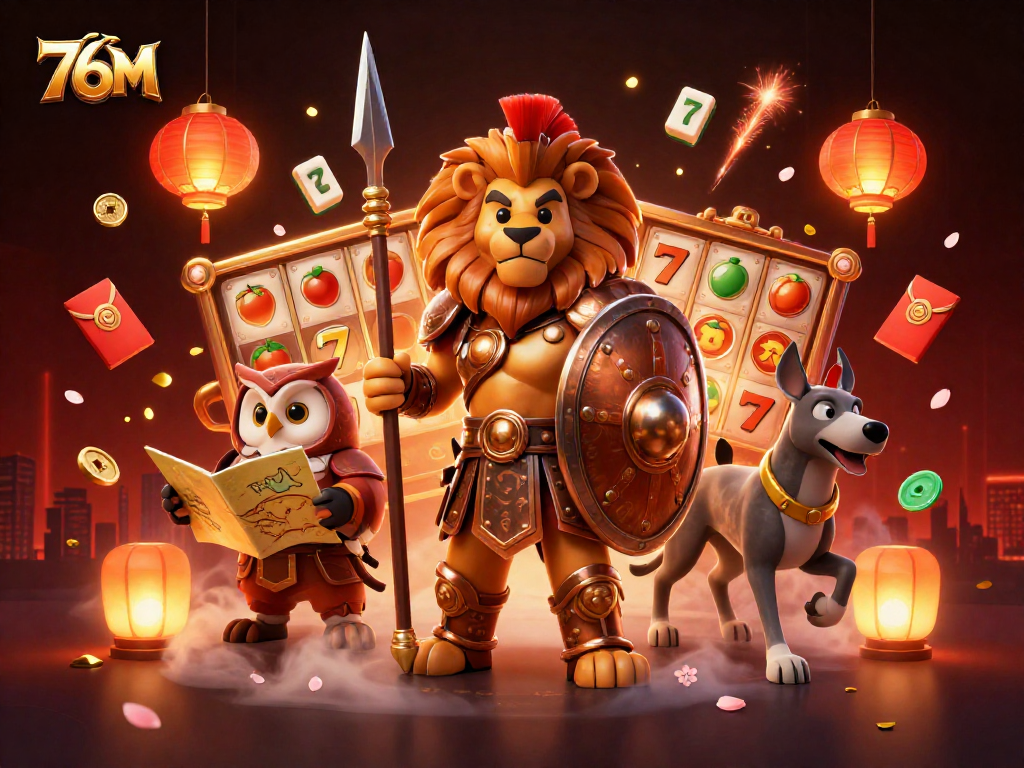 Imersão no jogo com 76M: leão espartano e elementos de slot envolventes.
