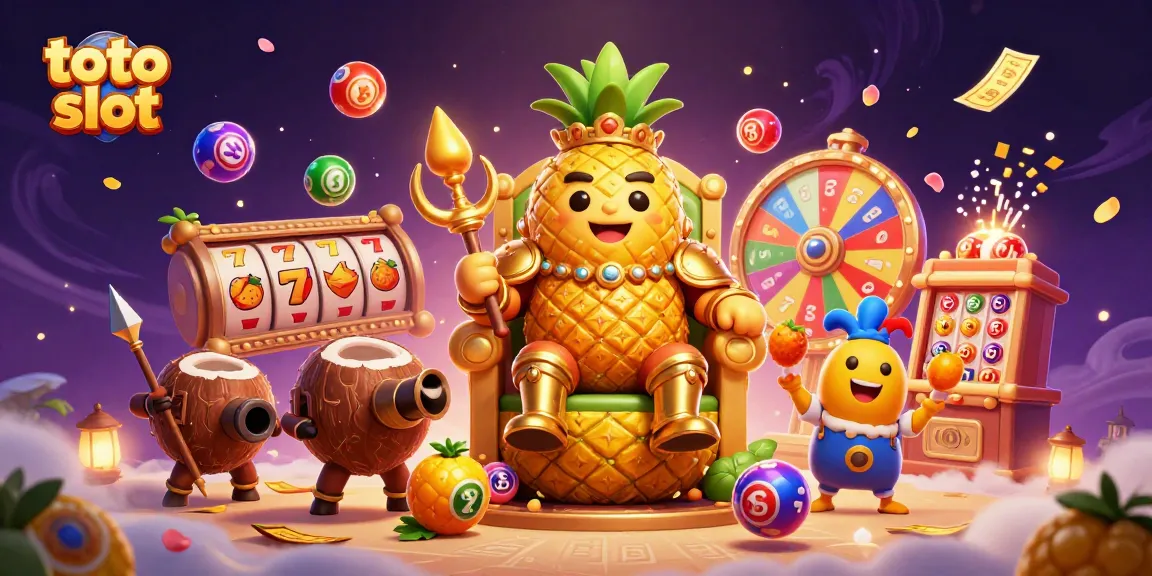 Engage with the vibrant toto slot kingdom, featuring a golden pineapple king on his fruit throne with dynamic casino elements.