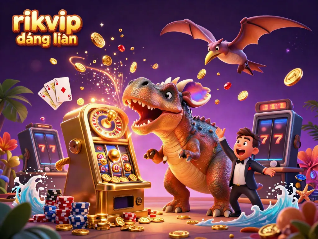 Experience the excitement of rikvip đăng nhập with a dinosaur-themed jackpot scene, featuring vibrant gaming elements.