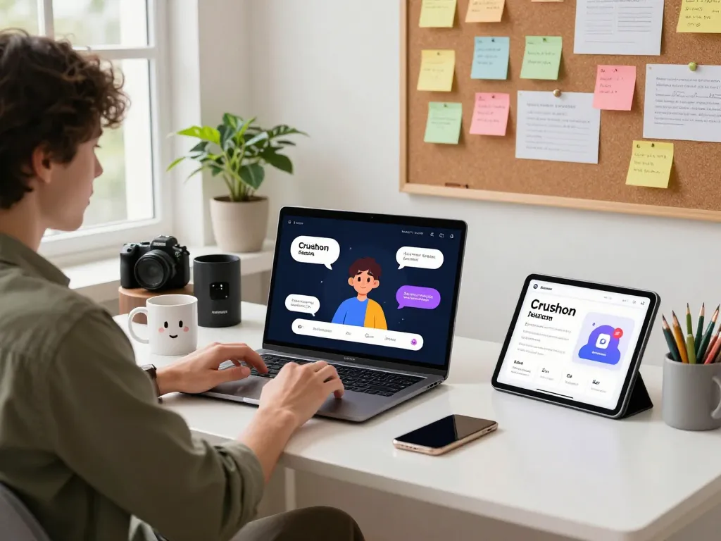 Engaging AI chat interaction showcasing crushon platform in modern workspace.