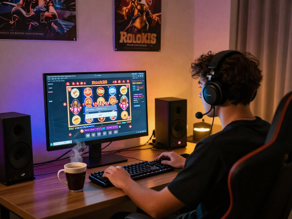 Engaging rokok88 slot login scene with player immersed in online gaming experience.