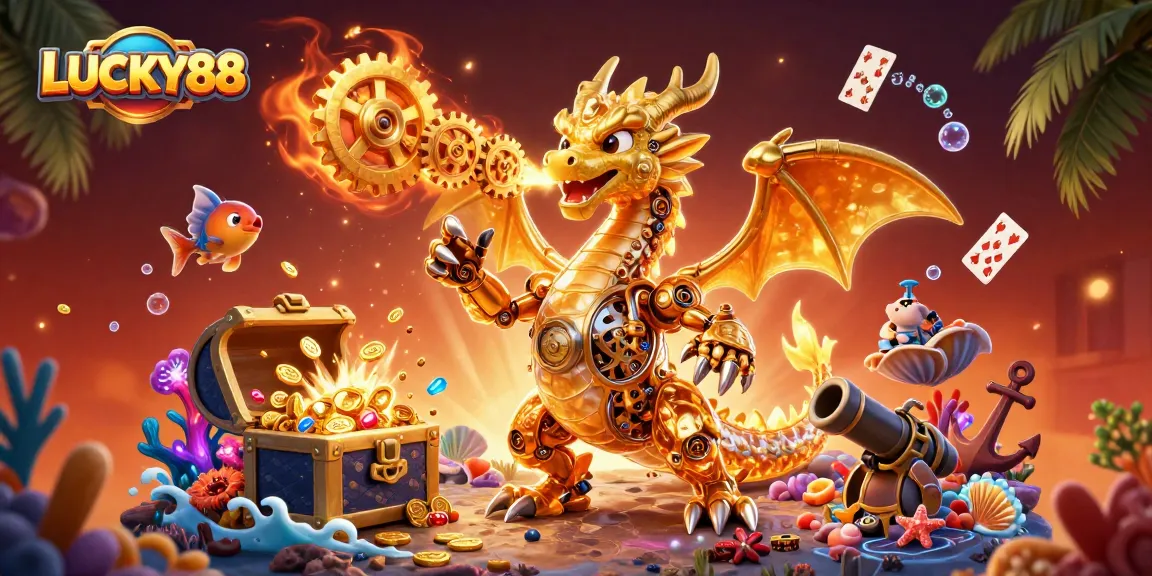 LUCKY88's exciting golden dragon breathes gears and cogs amidst vibrant treasure and card elements.