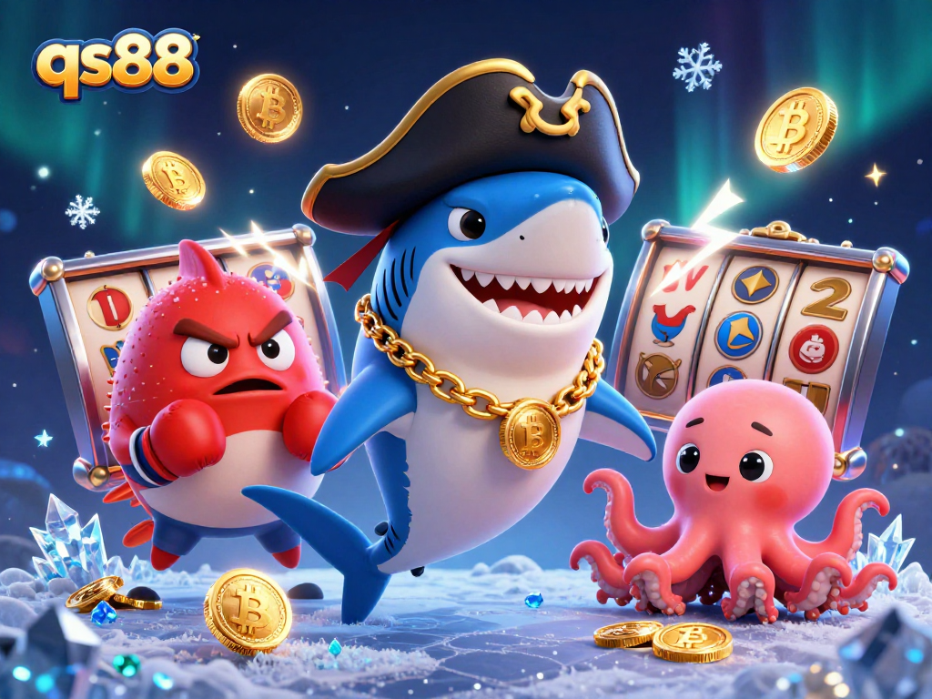 Experience thrilling slots at qs88 with a playful 3D shark and cute characters, rich in colorful casino elements.