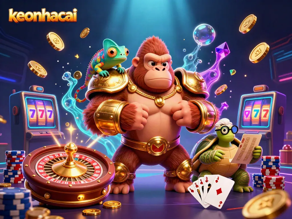 Engage with keonhacai in high-stakes casino action featuring a vibrant 3D gorilla king and companions.