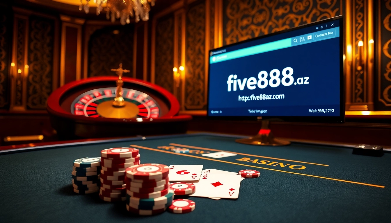 Engaging gambling scene featuring casino elements at https://five88az.com/ with poker chips and roulette wheel.