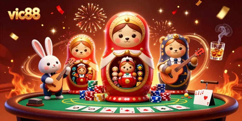Experience the excitement of vic88 with dynamic bears, colorful poker chips, and a festive atmosphere.