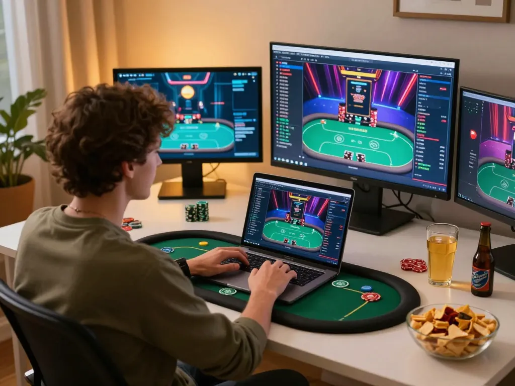 va88 player strategizing during an online poker session at home with laptop and snacks