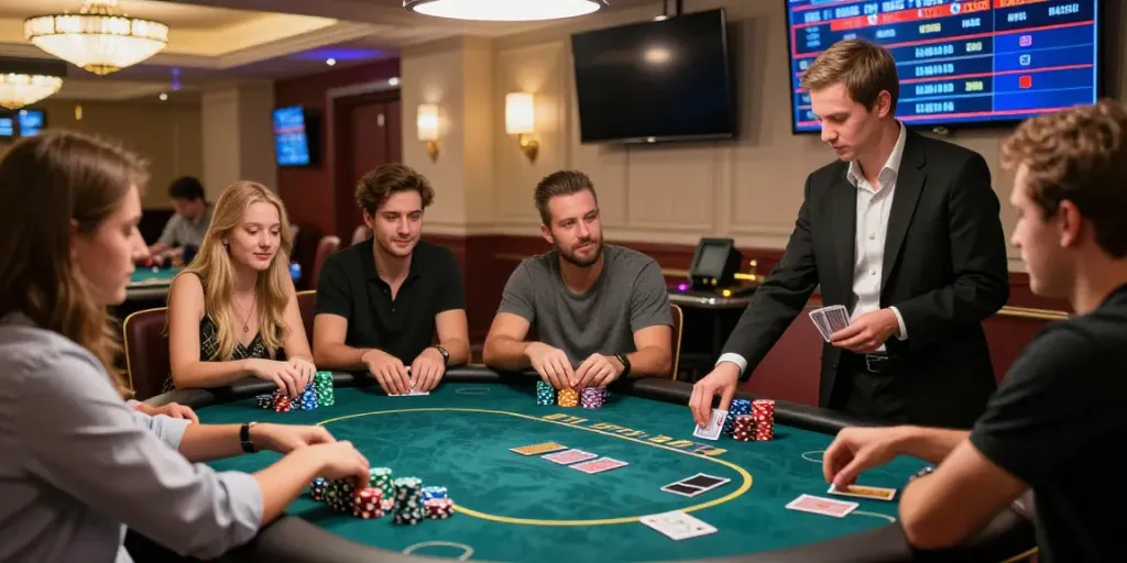 Friends enjoying poker at a vibrant casino with lively atmosphere and fc88 branding.