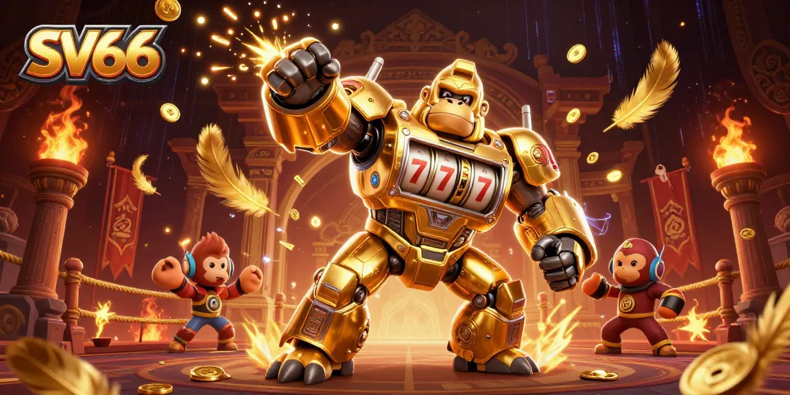 SV66 showcases a dynamic 3D casino scene with a golden gorilla mech and explosive coins.