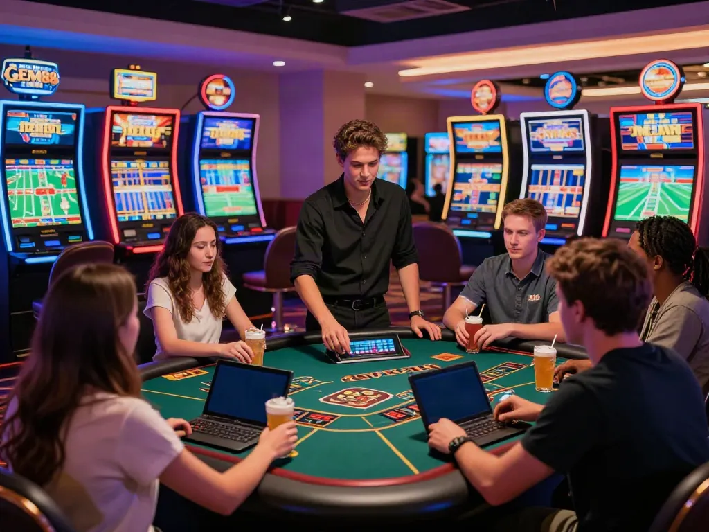 Exciting GEM88 gaming scene with players at a live casino table, illuminated by vibrant neon lights.