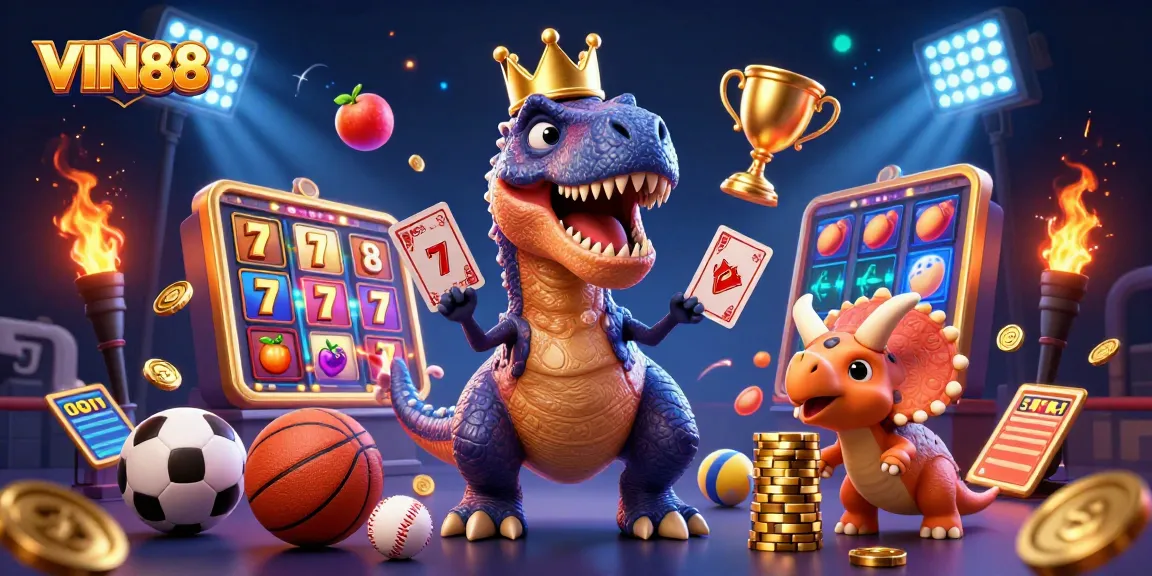 Engage with VIN88 in a vibrant scene featuring playful dinosaurs and dynamic gaming elements.