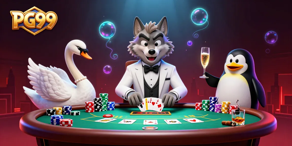 Play exciting games at PG99 with a 3D cartoon wolf, swan, and penguin enjoying gambling entertainment.