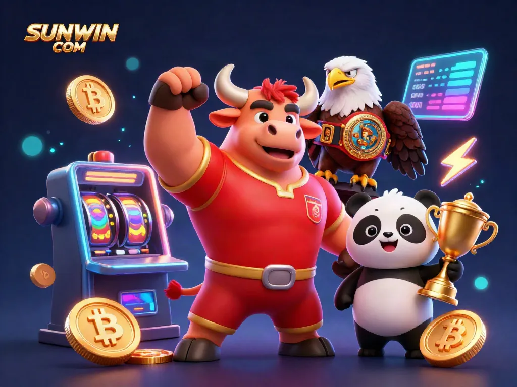 Experience the excitement of SUNWIN COM with a lively casino scene featuring a bull mascot celebrating wins.