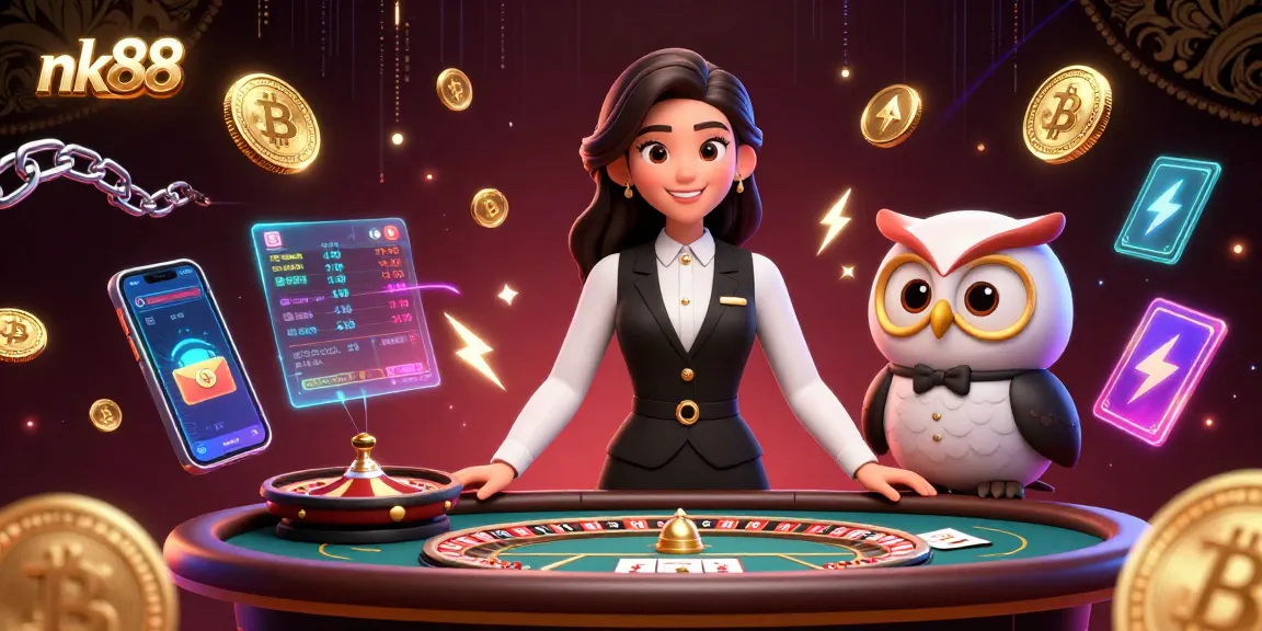 Bet on nk88 with an elegant Asian dealer at a baccarat table and cryptocurrency elements.