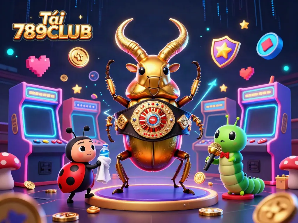 Engage in thrilling action with Tải 789CLUB, featuring a champion stag beetle in a vibrant casino scene.