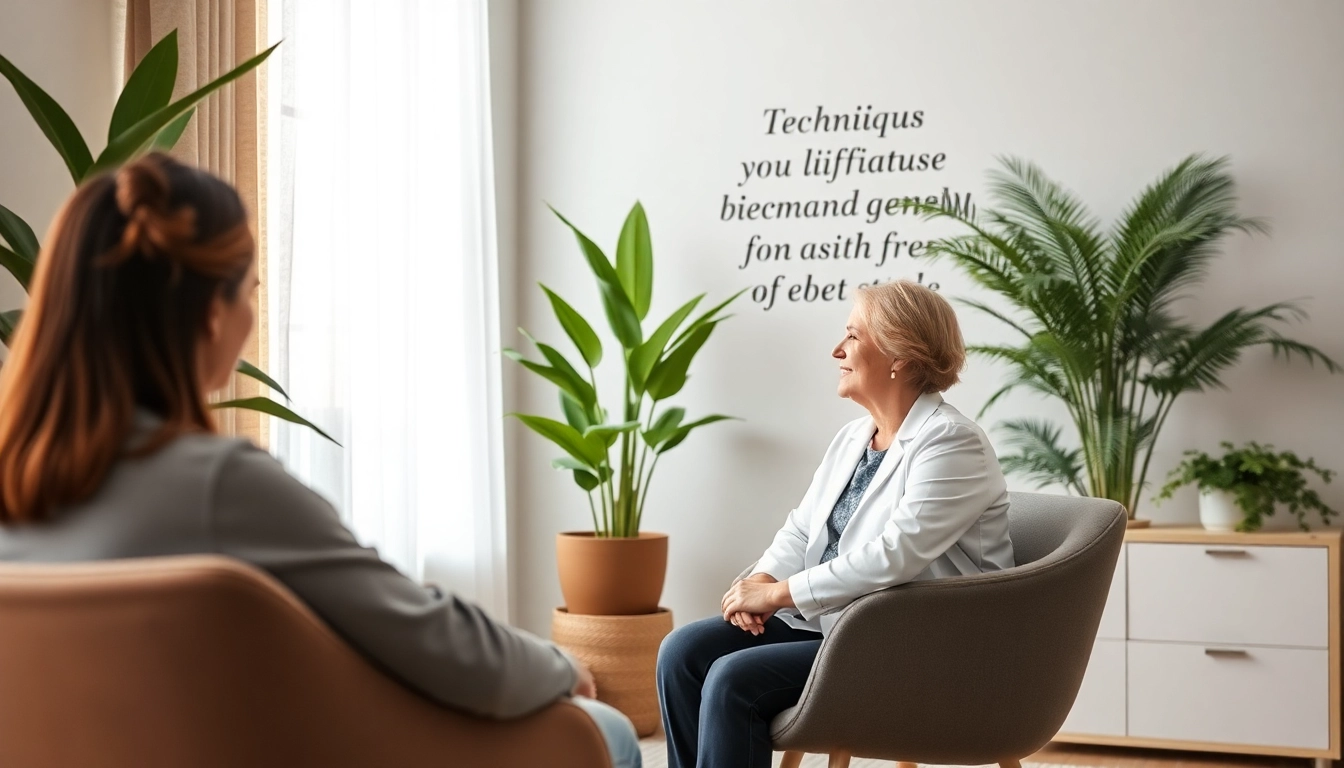 Therapist discussing techniques for stress and anxiety management in a serene office.