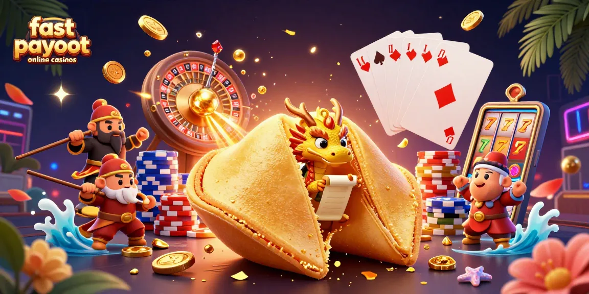 Experience fast payout online casinos with a vibrant 3D illustration of a golden fortune cookie and casino elements.