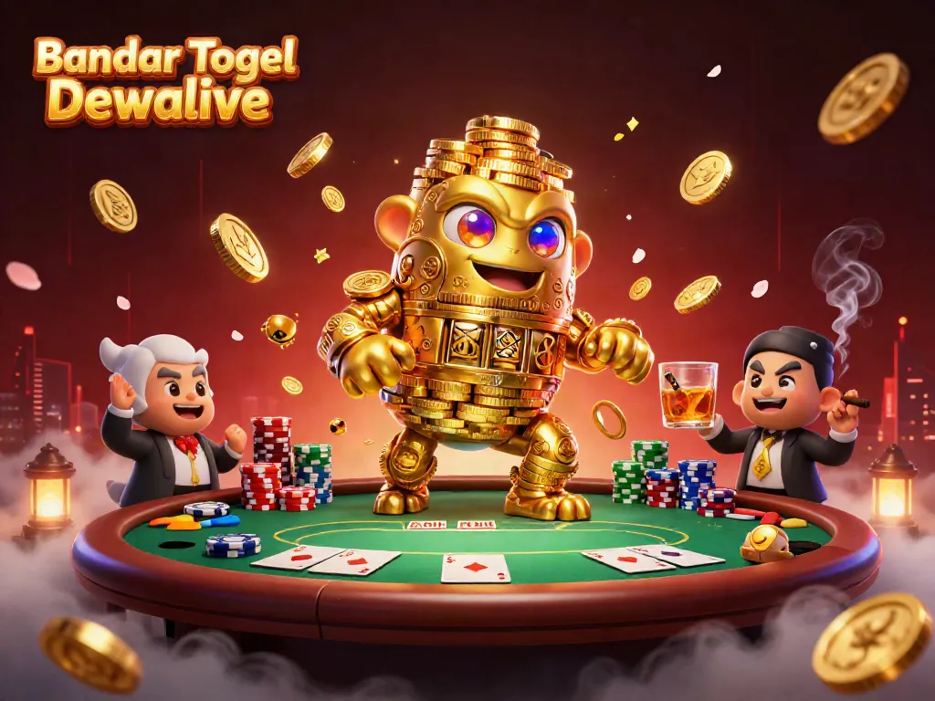 Bandar Togel Dewalive dengan golem emas yang mengelilingi meja poker dan simbol slot.