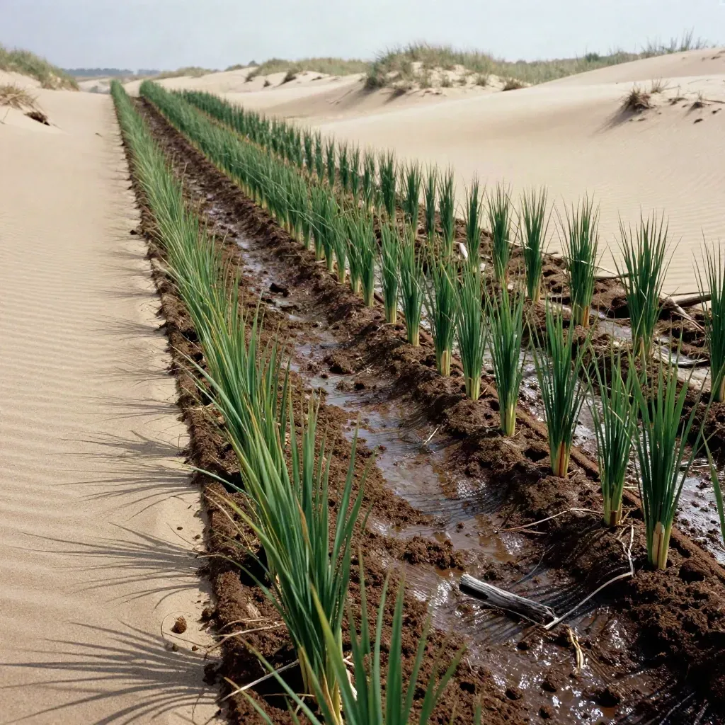 Coir matlarla genç sazların dikildiği kumul arka planlı restorasyon alanı