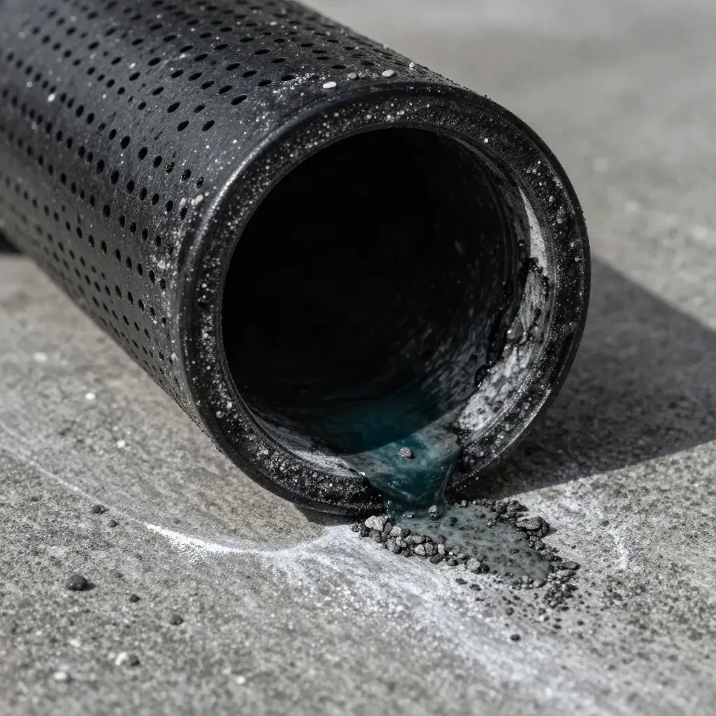 Islak drenaj borusu ağzı, çakıl ve beton üzerindeki akış çizgisiyle yakın plan flatlay.