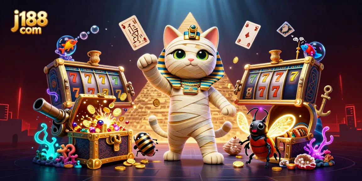 Experience thrilling gameplay at j188 com with an Egyptian mummy cat and golden casino elements.