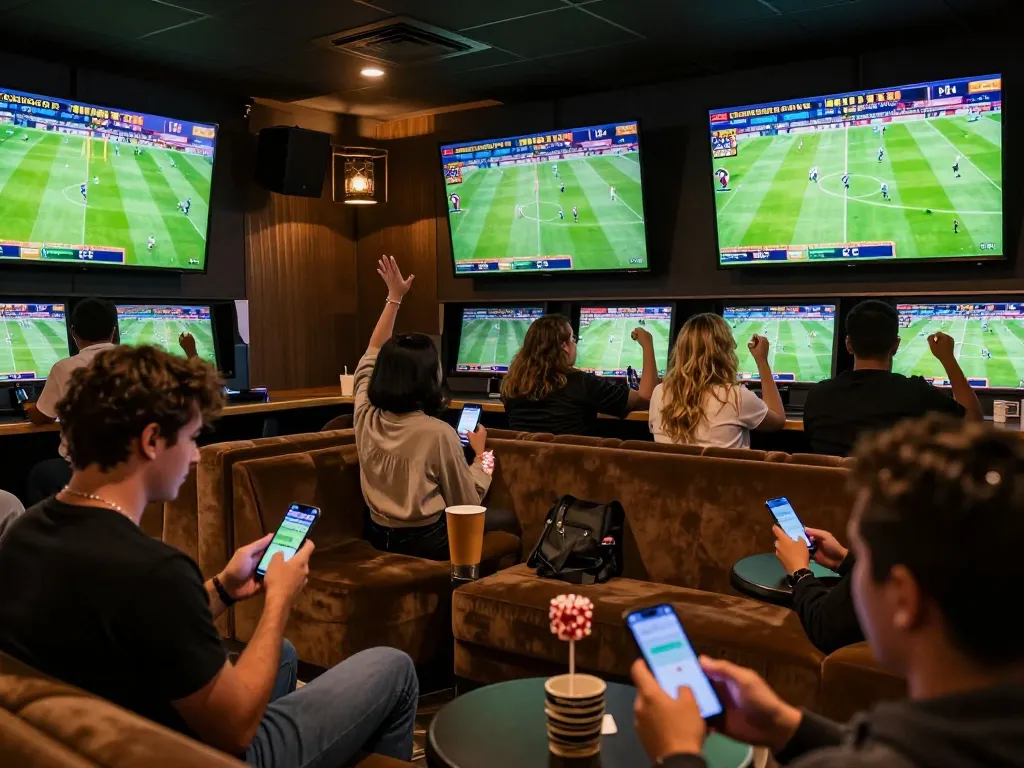View of a lively sports betting lounge showcasing kèo nhà cái hôm nay with fans engaged in live betting.