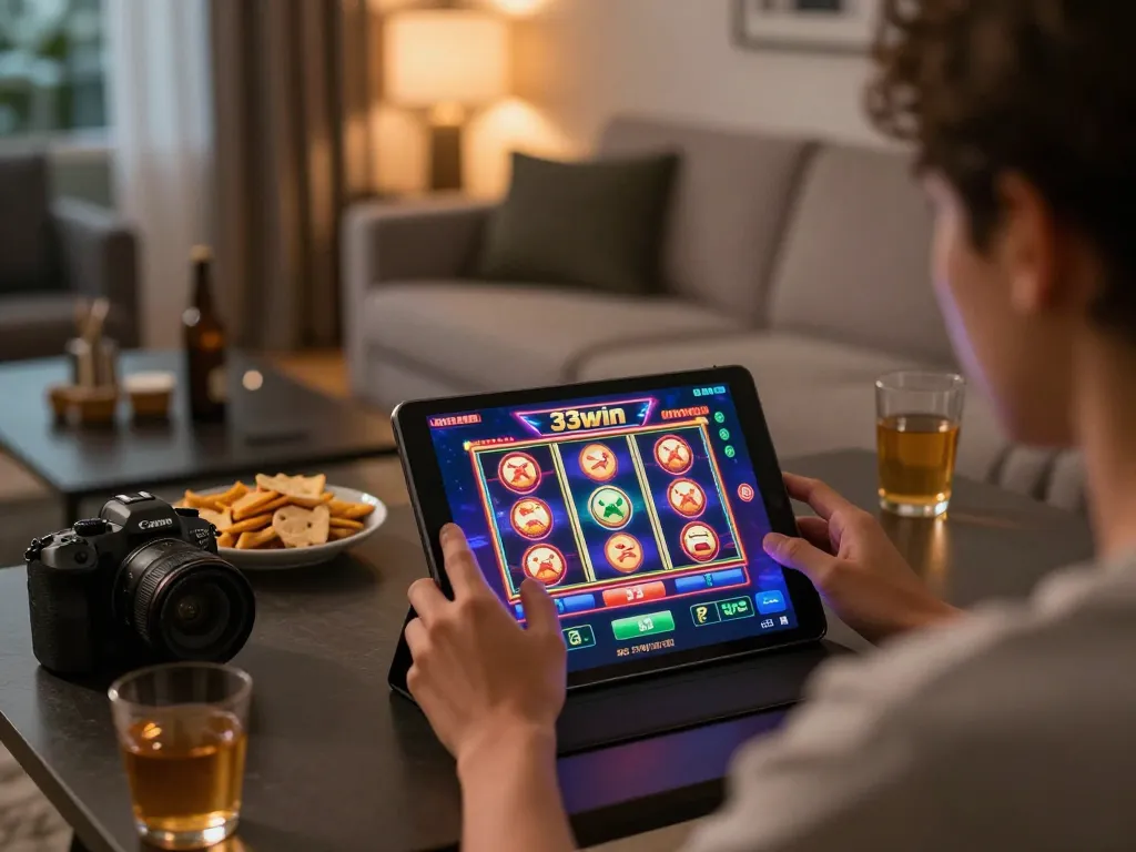 Engaging home gaming scene with 33win app displayed on tablet highlighting vibrant slot graphics.