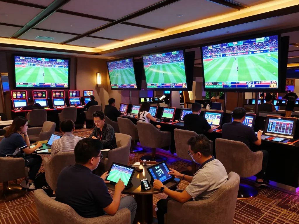Patrons analyzing kèo nhà cái trực tiếp in a lively sports betting lounge with vibrant screens.