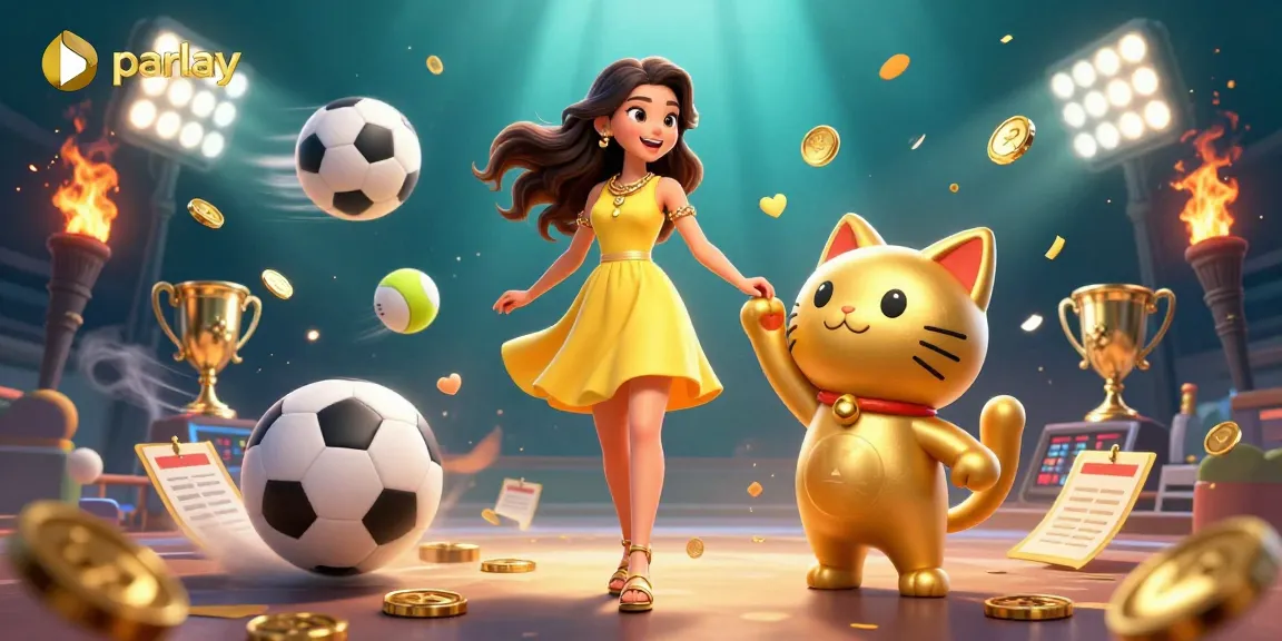 Place parlay bets with excitement as a cheerful woman interacts with a golden lucky cat amid dynamic sports elements.