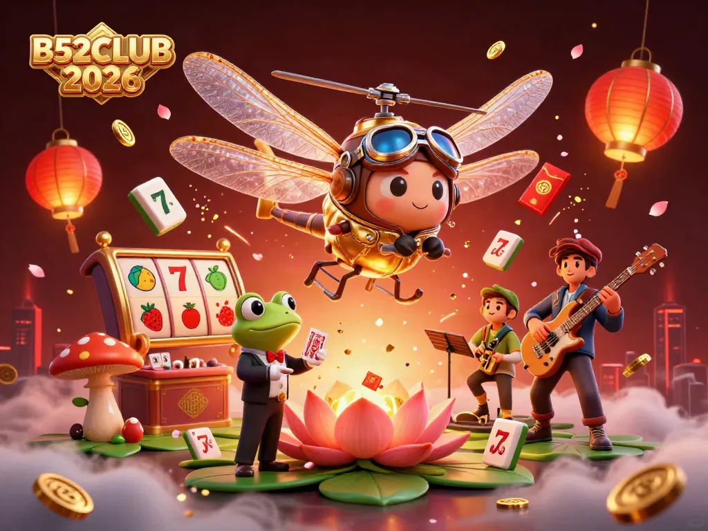 B52CLUB 2026 showcases a vibrant casino scene with a dragonfly pilot, frog croupier, and musical crickets.