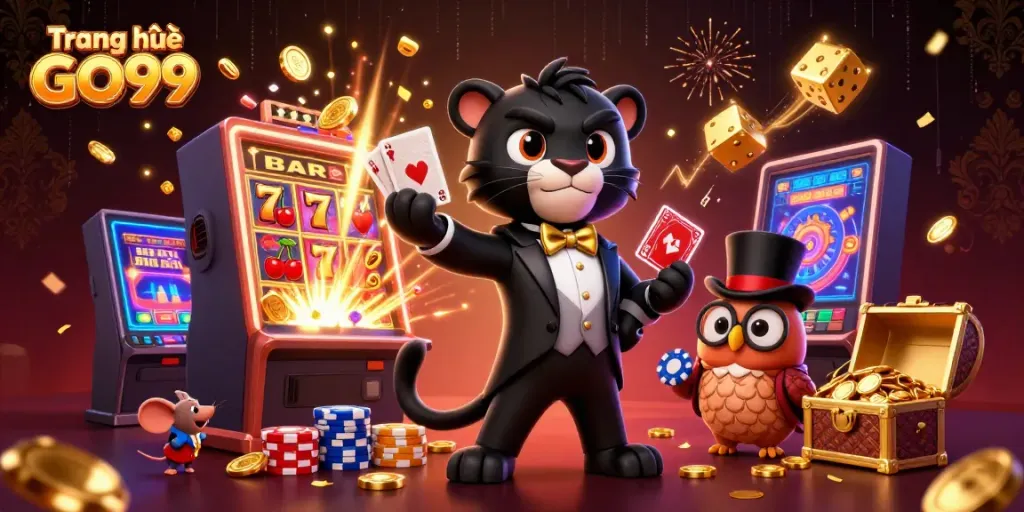 Experience the thrilling world of Trang chủ GO99 with vibrant characters and dynamic casino elements.